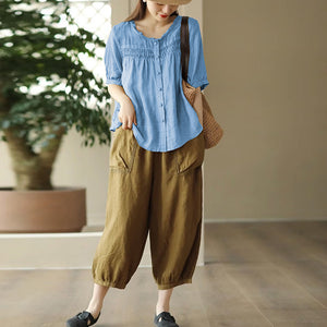 Áo sơ mi linen ngắn tay cổ tròn xếp ly retro - NU10342