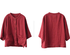 Áo sơ mi linen ngắn tay cổ tròn hai túi vuông vạt xẻ - NU8897
