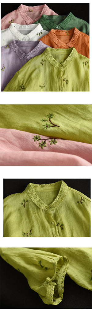 Áo sơ mi linen ngắn tay cổ đức thêu ren hoa lá - NU10058