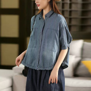 Áo sơ mi ngắn tay cổ đức kẻ sọc kiểu túi lớn - A943