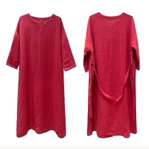 Đầm liền linen tay lửng cổ V eo thắt dây một màu - NU9037