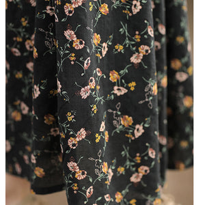 Chân váy linen retro lưng thun in hoa lá li ti hai lớp - V110