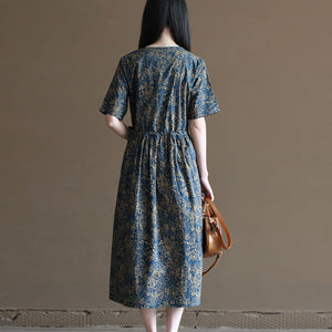 Đầm liền linen ngắn tay cổ V in hoa lá retro chiết eo - NU10033