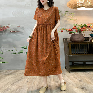 Đầm liền linen ngắn tay cổ V in hoa văn thêu một túi - D117