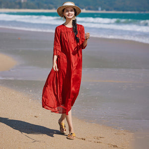 Đầm liền linen ngắn tay cổ tròn khuy cài - NU9904