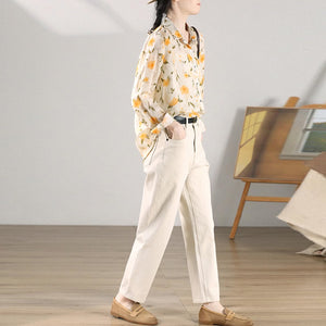 Áo sơ mi linen dài tay cổ đức in hoa lá - NU9626