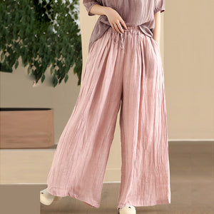 Quần baggy linen lưng cao thun in màu nước retro - Q003