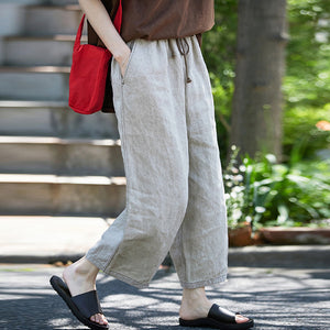 Quần baggy linen lưng thun dây rút ống suông - NU9977