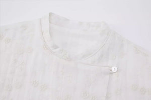 Đầm liền linen retro ngắn tay cổ đứng thêu hoa văn vạt lệch - NU9049