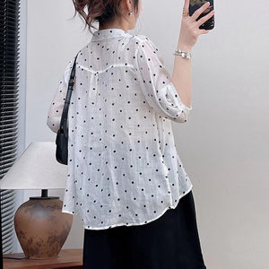 Áo sơ mi linen ngắn tay cổ đức chấm bi một túi - NU10437