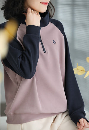 Áo T-shirt nỉ dài tay lệch mạu cổ đứng khóa kéo - NU9474