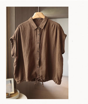 Áo sơ mi linen sát nách cổ đức đơn sắc vạt dây rút - NU8980