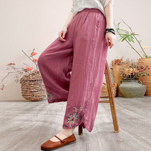 Quần baggy linen lưng thun ống xuông thêu hoa lá retro - NU9995