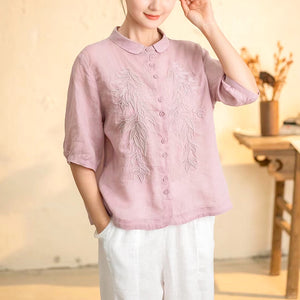 Áo sơ mi linen ngắn tay cổ pipi thêu hoa đối xứng đồng màu - NU10284