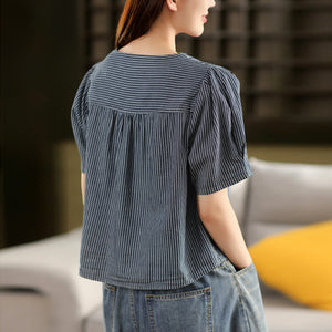 Áo sơ mi ngắn tay cổ tròn kẻ sọc một túi - A890