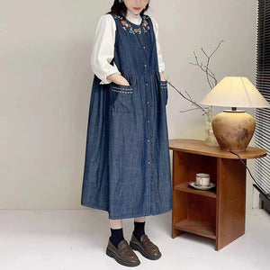 Đầm liền sơ mi denim sát nách thêu hoa lá - NU10054