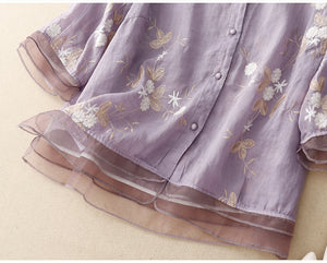 Áo sơ mi linen Organza ngắn tay cổ đứng thêu hoa lá - NU10138