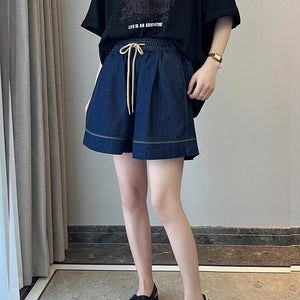 Quần sooc denim đơn sắc lưng thun dây rút một túi sau - NU8945