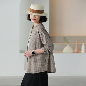 Áo sơ mi linen dài tay cổ đứng kẻ sọc caro - NU9837