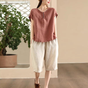 Áo sơ mi linen sát nách cổ tròn retro - A868