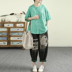 Quần baggy denim lửng lưng thun thêu hoa văn trừu tượng caro - Q159