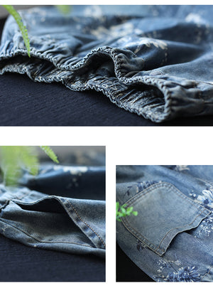 Chân váy denim retro lưng thun in hoa hồng - NU10042