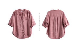 Áo sơ mi linen ngắn tay cổ đứng xẻ V một túi - NU8936