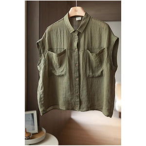 Áo sơ mi linen sát nách cổ đức hai túi vuông lớn đơn sắc - NU9051