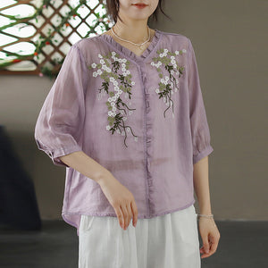 Áo sơ mi linen ngắn tay cổ V thêu hoa lá trước ngực - A006