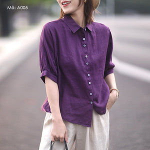 Áo sơ mi linen ngắn tay cổ đức một màu - A005