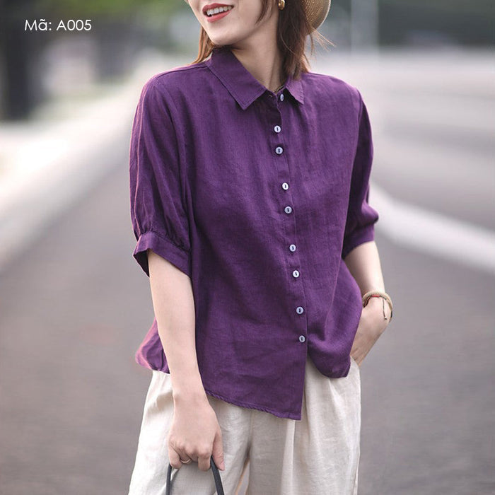 Áo sơ mi linen ngắn tay cổ đức một màu - A005