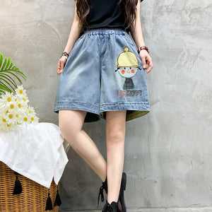 Quần sooc denim lưng thun đính cô bé đội mũ - NU8826