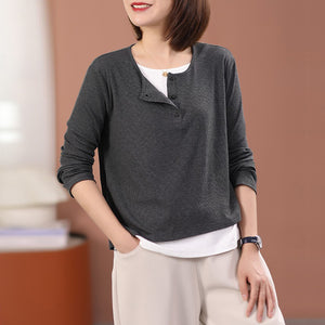 Áo T-shirt dài tay cổ tròn khuy cài một màu - NU9436