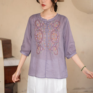 Áo sơ mi linen ngắn tay cổ tròn thêu retro hai khuy - NU10062