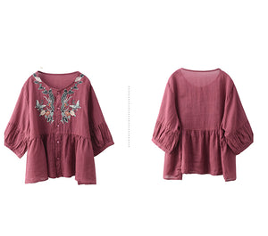 Áo sơ mi linen ngắn tay cổ tròn thêu hoa bướm - A731