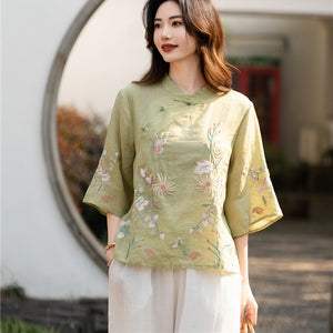 Áo sơ mi linen ngắn tay khuy tròn cài lệch thêu hoa lá - NU10055