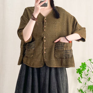 Áo sơ mi linen ngắn tay cổ V hai túi kẻ caro - A947