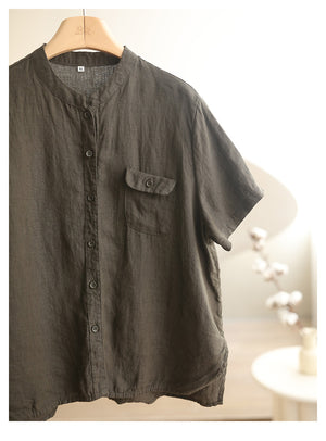 Áo sơ mi linen ngắn tay cổ đứng một túi nhỏ - A039