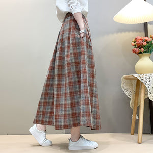 Chân váy linen lưng thun hai túi kẻ caro - V079
