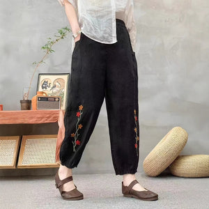 Quần baggy linen lửng lưng thun ống bo thêu hai nhành hoa - Q145
