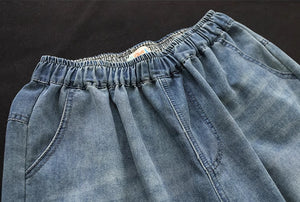 Quần baggy lửng denim lưng thun thêu những vạch màu - NU8902
