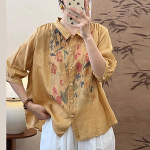Áo sơ mi linen ngắn tay cổ đức in hoa hồng - NU10095