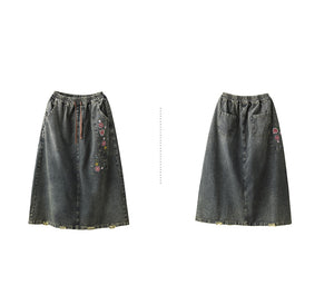 Chân váy denim lưng thun dây rút thêu hoa hồng - V072