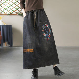 Chân váy denim lưng thun thêu vòng nguyệt quế - NU10084