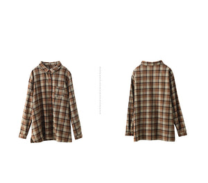 Áo sơ mi linen dài tay cổ đức kẻ caro một túi bo tròn - A699