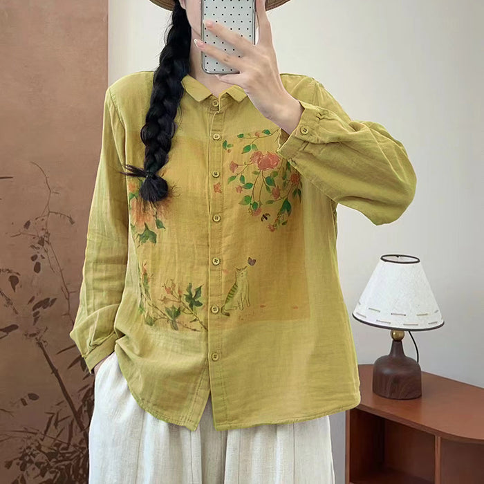 Áo sơ mi dài tay cổ đức in chú mèo trong vườn - A270