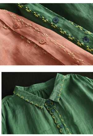 Áo sơ mi linen tay lửng cổ pipi thêu viền những bông hoa - NU8940