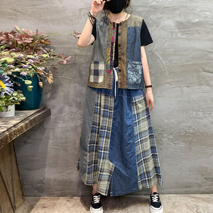 Áo khoác denim gile sát nách hoa văn retro chắp vá - NU9779