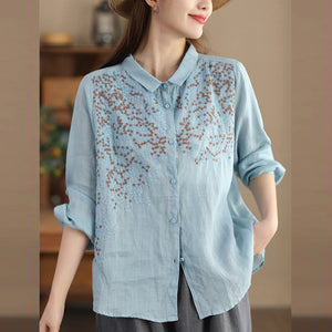 Áo sơ mi linen dài tay cổ pipi thêu những ngôi sao - NU9733