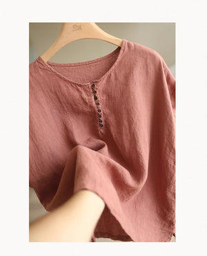 Áo T-shirt linen sát nách cổ tròn khuy cài form rộng - NU9052